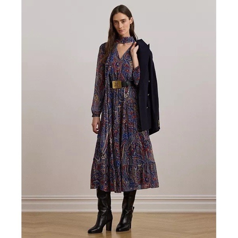 Lauren Ralph Lauren Women's Paisley Chiffon Tiered Tie-Neck Dress SZ 8 Western